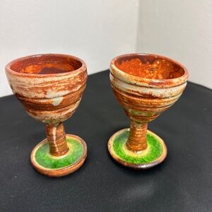 Set of 2 Handmade Pottery Goblets – Rustic Brown & Green Glaze Stoneware Cups